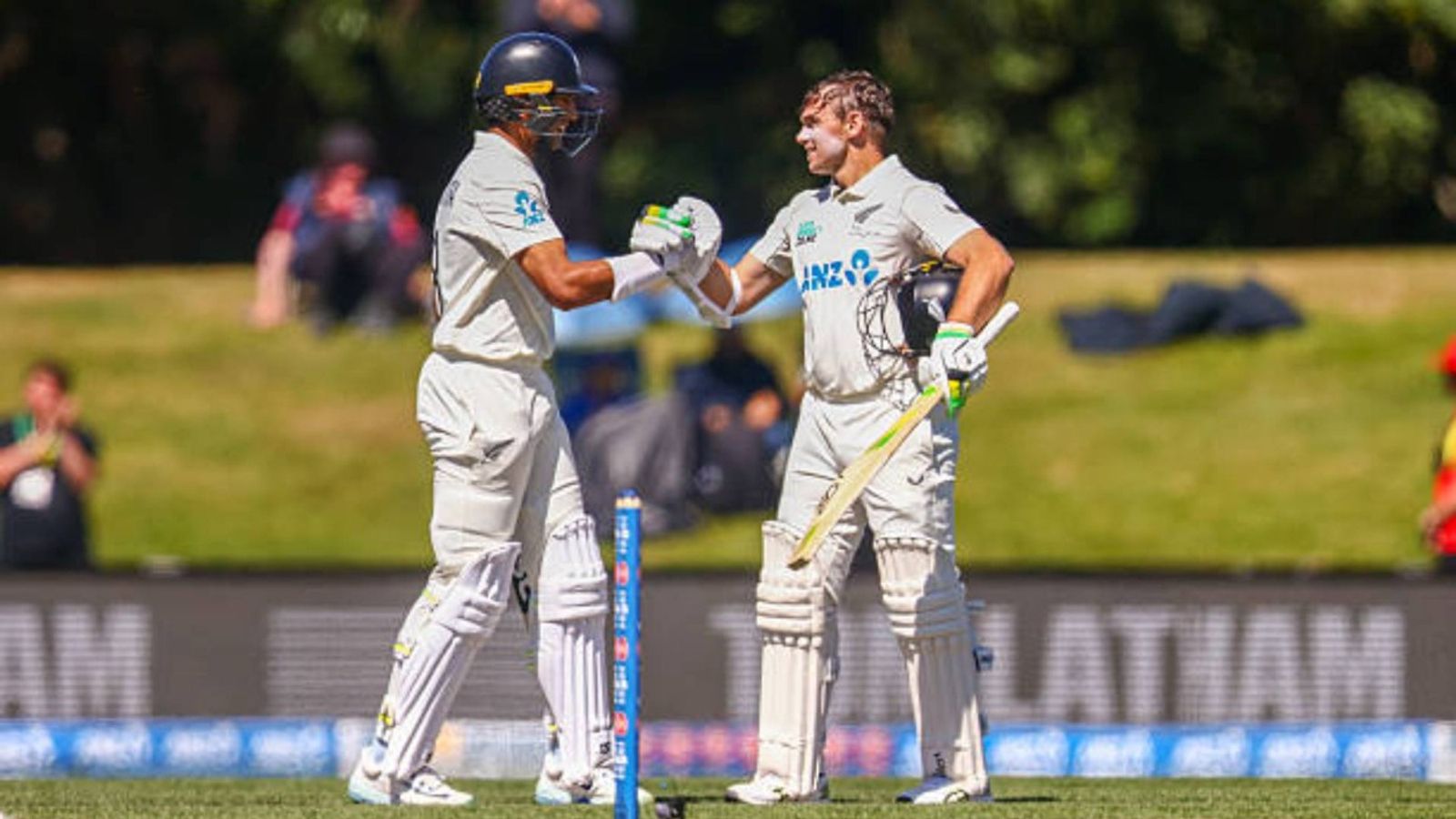 NZ vs WI: Centuries from Tom Latham and Rachin Ravindra help New Zealand take complete control on Day 3 Rachin Ravindra and Tom Latham of New Zealand react during Day Three of the first match in the series between New Zealand and West Indies at Hagley Oval