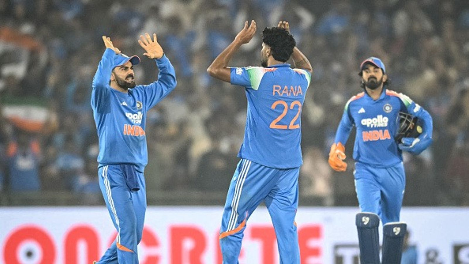 IND vs SA 3rd ODI: Everything you need to know about Visakhapatnam pitch and India’s record on ground Virat Kohli and Harshit Rana celebrating a wicket and KL Rahul behind them.