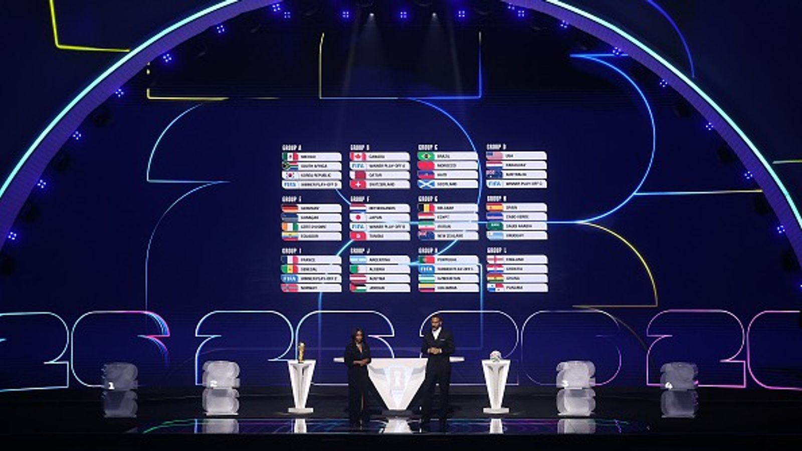 FIFA World Cup 2026: Expanded 48-team format revealed with mouthwatering fixtures across Canada, Mexico, and USA FIFA Legend Rio Ferdinand and Co-Conductor Samantha Johnson speak as the screen displays the final draw during the FIFA World Cup 2026 Official Draw at John F. Kennedy Center