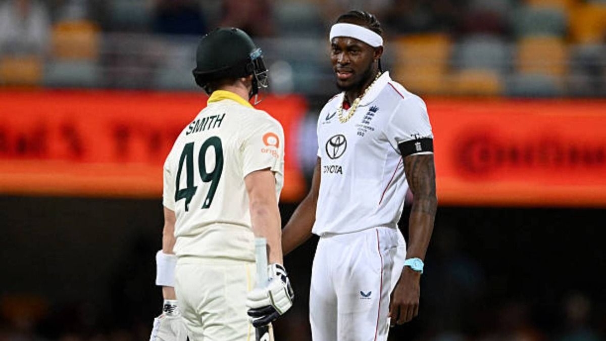 Jofra Archer of England and Australia captain Steve Smith exchange words during day four of the Second 2025/26 Ashes Series Test Match between Australia and England