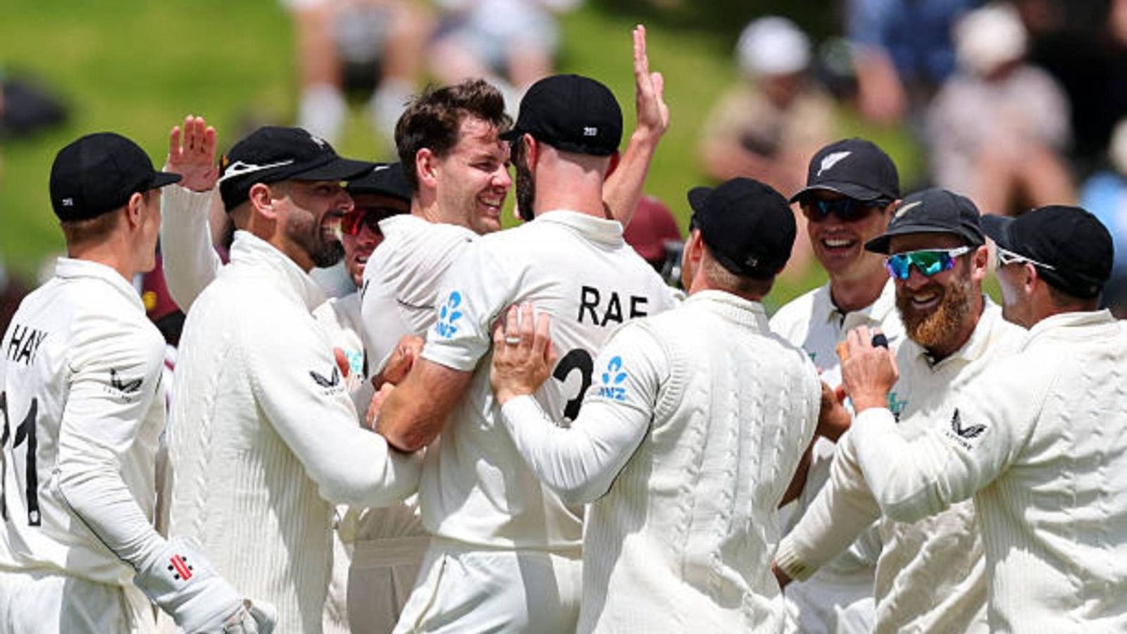 Jacob Duffy and Michael Rae star as New Zealand defeat West Indies comprehensively by 9 wickets in 2nd Test Jacob Duffy (C) celebrates with teammates after taking the wicket of Justin Greaves of the West Indies during day three of the second Test match in the series between New Zealand and West Indies (via Getty)
