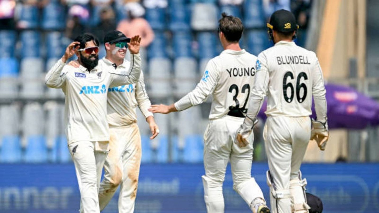 New Zealand announce squad for 3rd Test vs West Indies, bring back 37-year-old spinner due to severe injury woes in the team New Zealand's Ajaz Patel (L) celebrates with captain Tom Latham (2L), Will Young (2R) and Tom Blundell after taking the wicket of India's Ravichandran Ashwin (via Getty)