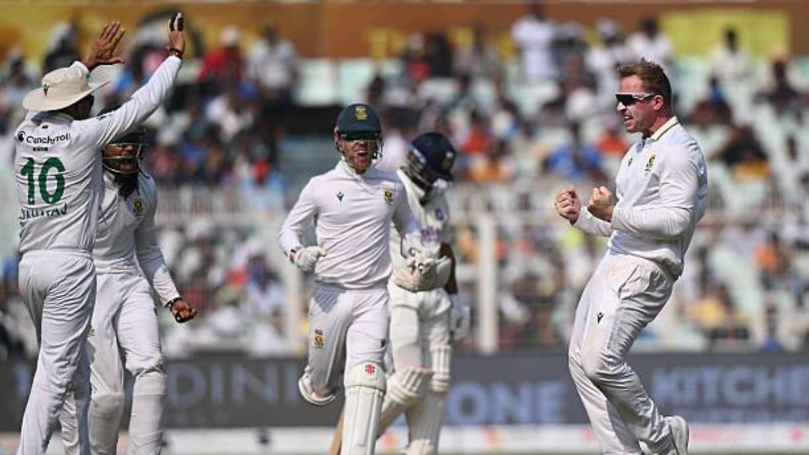 South Africa bowler wins ICC Player of the Month award for November after dominant performance vs India in Test series Simon Harmer (R) of South Africa celebrates the wicket of Rishabh Pant of India with teammates during the First Test match in the series between India and South Africa at Eden Gardens (via Getty)