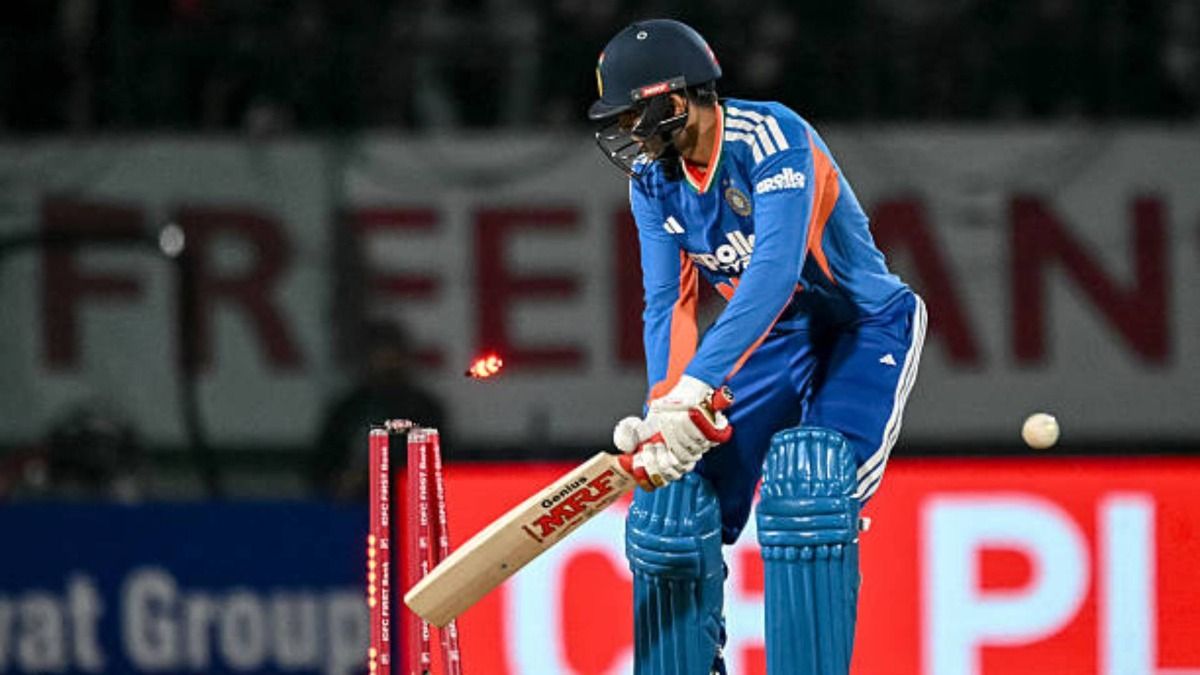 India's Shubman Gill is clean bowled by South Africa's Marco Jansen during the third Twenty20 international cricket match between India and South Africa at the Himachal Pradesh Cricket Association Stadium (via Getty)