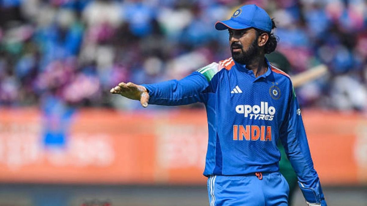 India's captain KL Rahul adjusts the field during the third one-day international (ODI) cricket match between India and South Africa at the Y.S. Rajasekhara Reddy Cricket Stadium (via Getty)