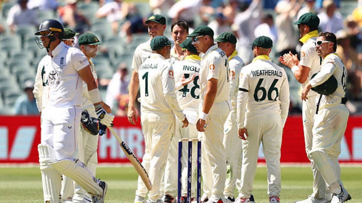 Pat Cummins of Australia celebrates with team mates after the wicket of Jamie Smith of England for 22 runs during day two of the Third Test Match in the 2025-26 Ashes Series (via Getty) Pat Cummins of Australia celebrates with team mates after the wicket of Jamie Smith of England for 22 runs during day two of the Third Test Match in the 2025-26 Ashes Series (via Getty)