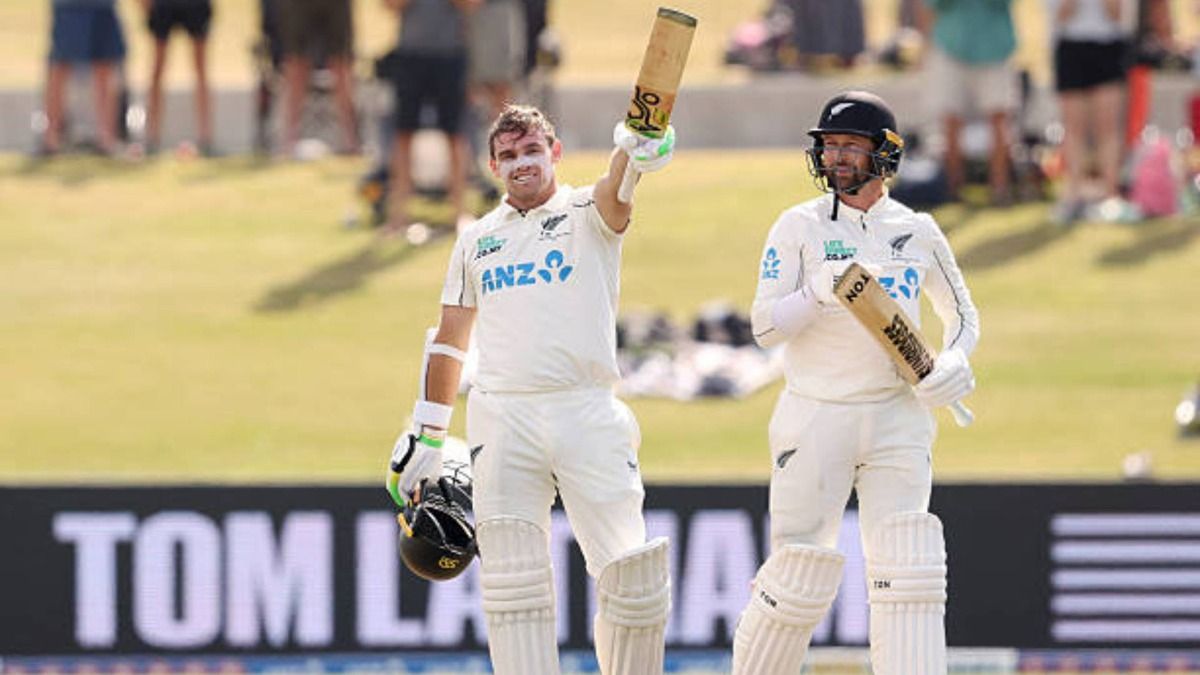 New Zealand's Tom Latham (L) celebrates his century with Devon Conway during day one of the third international Test cricket match between New Zealand and West Indies at Bay Oval (via Getty) New Zealand's Tom Latham (L) celebrates his century with Devon Conway during day one of the third international Test cricket match between New Zealand and West Indies at Bay Oval (via Getty)