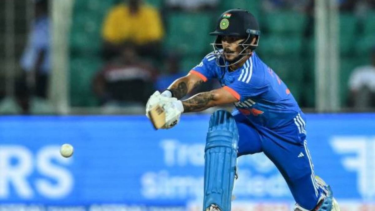 India's Ishan Kishan plays a shot during the second Twenty20 international cricket match between India and Australia at the Greenfield International Stadium (via Getty)