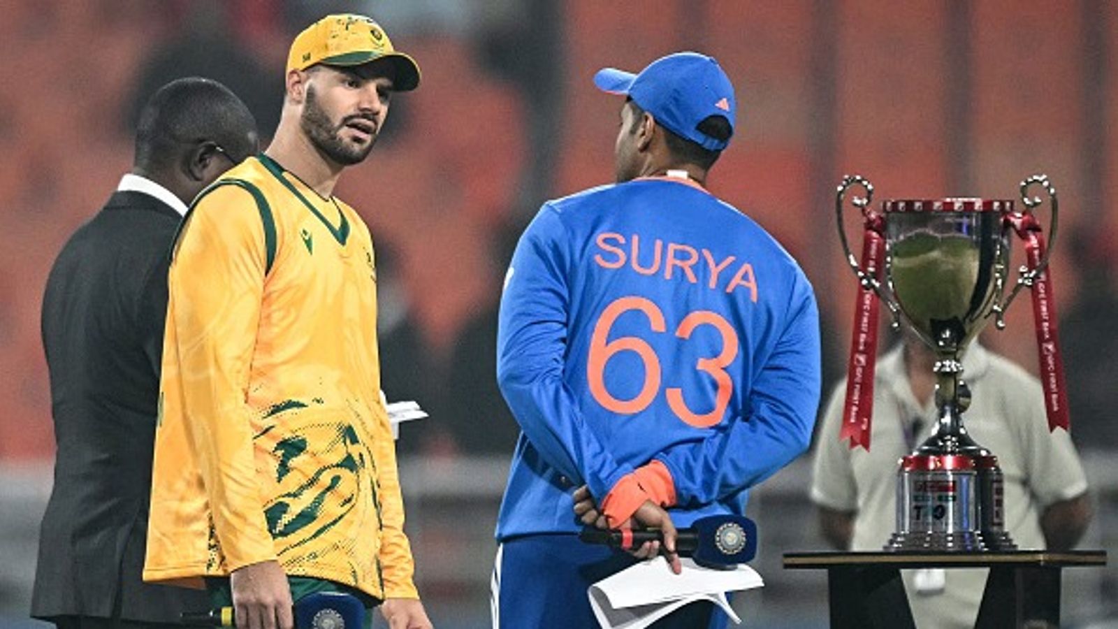 IND vs SA, 5th T20I: South Africa invite India to bat first in series-decider, Know playing XIs here South Africa captain Aiden Markram (L) speaks with India skipper Suryakumar Yadav. (Getty)