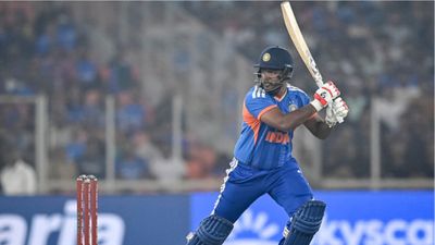 Sanju Samson reacts to T20 World Cup 2026 selection with emotional post India's star wicketkeeper-batter in this frame. (Getty)