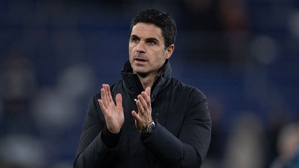 Arsenal manager Mikel Arteta acknowledges the fans after the Premier League match between Everton and Arsenal at Hill Dickinson Stadium on December 20, 2025 in Liverpool, England.