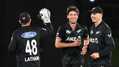 IND vs NZ: Four uncapped stars included as Blackcaps announce New Zealand's squad for white-ball series against India Zak Foulkes (C) celebrates the dismissal West Indies' Shai Hope with his teammates Tom Latham (L) and Michael Bracewell
