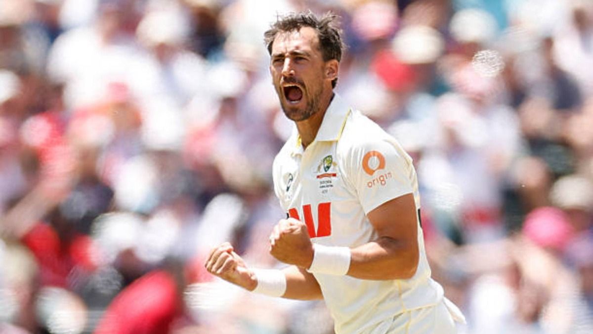 Mitchell Starc of Australia celebrates taking the wicket of Jofra Archer of England for 3 runs during day five of the Third Test Match in the 2025-26 Ashes Series between Australia and England at Adelaide Oval (via Getty)