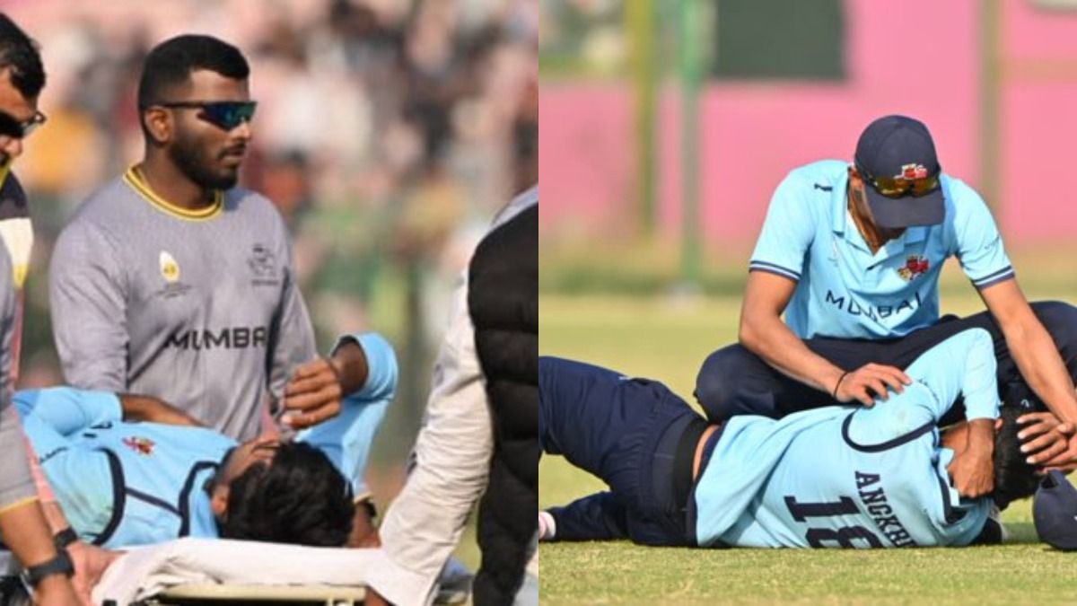 Mumbai's Angkrish Raghuvanshi was stretchered off the field after serious neck injury. (X/Twitter)