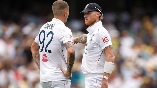 England's Ben Stokes (R) speaks to Brydon Carse in this frame. (Getty)