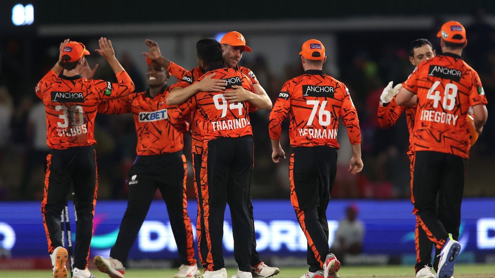 11 days after joining LSG, Nortje condemns Royals to RCB fate as they get bowled out for 49 Sunrisers Eastern Cape celebrate their win over Paarl Royals.