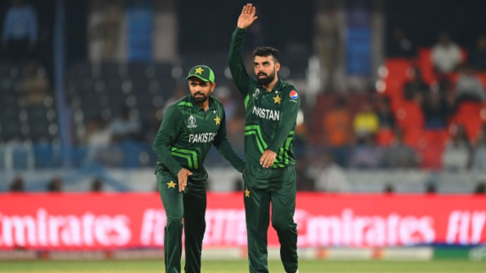 No Babar, Shaheen or Rauf as Pakistan announce T20I squad for Sri Lanka tour, star all-rounder returns Shadab Khan of Pakistan celebrates with teammate Babar Azam after dismissing Vikramjit Singh of Netherlands during the ICC Men's Cricket World Cup India 2023 clash.
