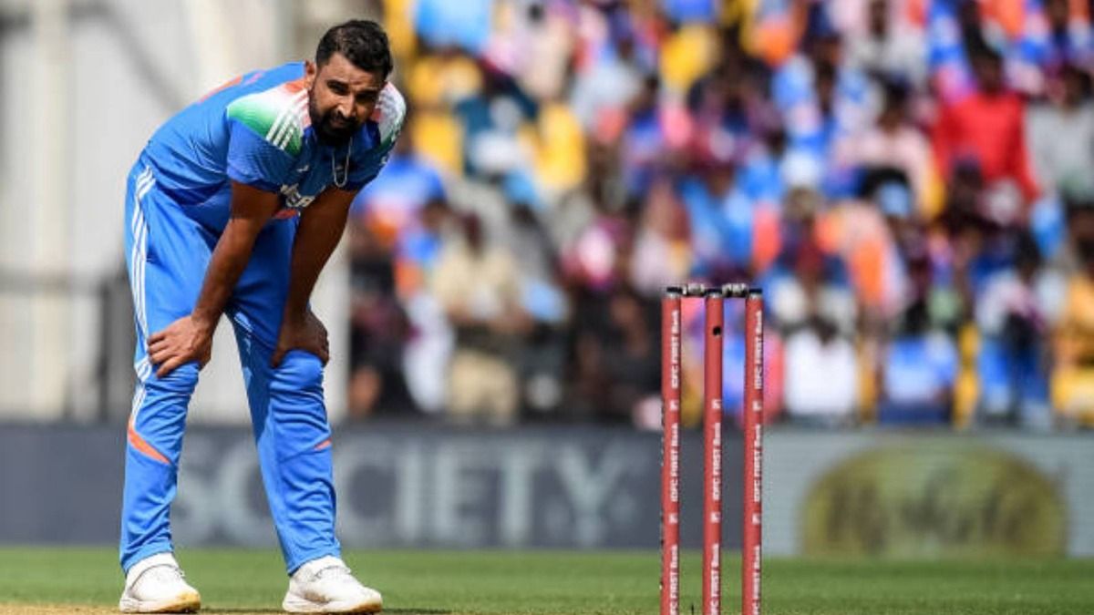 India's Mohammed Shami after a delivery during the first one-day international (ODI) cricket match between India and England at the Vidarbha Cricket Association Stadium in Nagpur (via Getty)