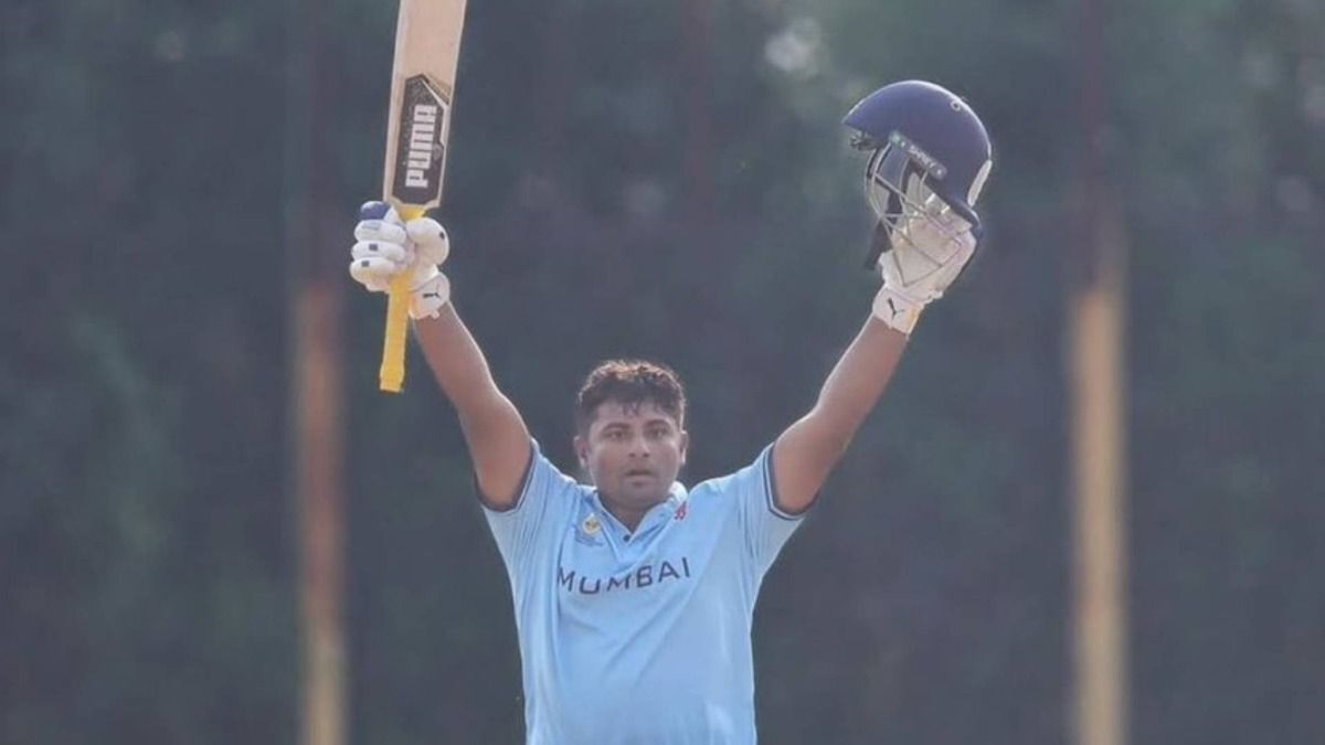 Sarfaraz khan celebrates after scoring a century for Mumbai against Goa in Vijay Hazare Trophy (via X)