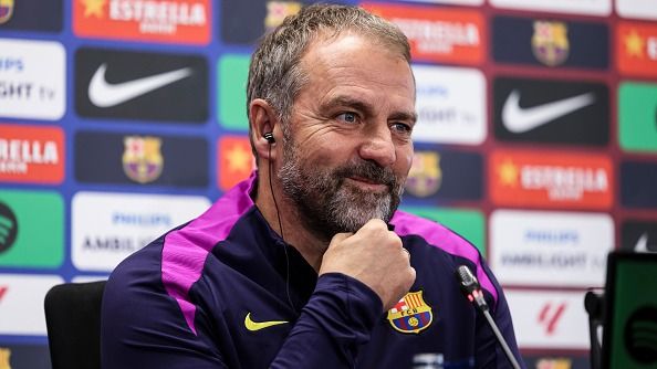 Hansi Flick attends his press conference during the training day of FC Barcelona ahead the Spanish Cup, Copa del Rey, football match against CD Guadalajara at Ciudad Esportiva Joan Gamper on December 15, 2025 in Sant Joan Despi, Barcelona, Spain.