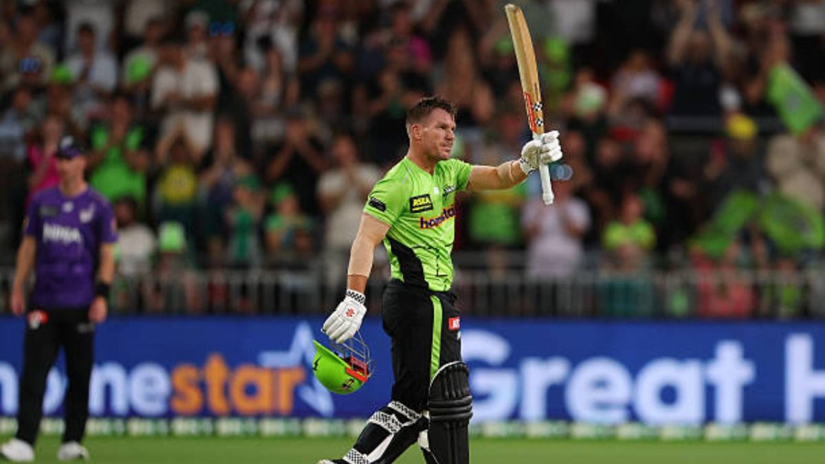 David Warner of the Thunder celebrates scoring a century during the BBL match between Sydney Thunder and Hobart Hurricanes at ENGIE Stadium (via Getty) David Warner of the Thunder celebrates scoring a century during the BBL match between Sydney Thunder and Hobart Hurricanes at ENGIE Stadium (via Getty)