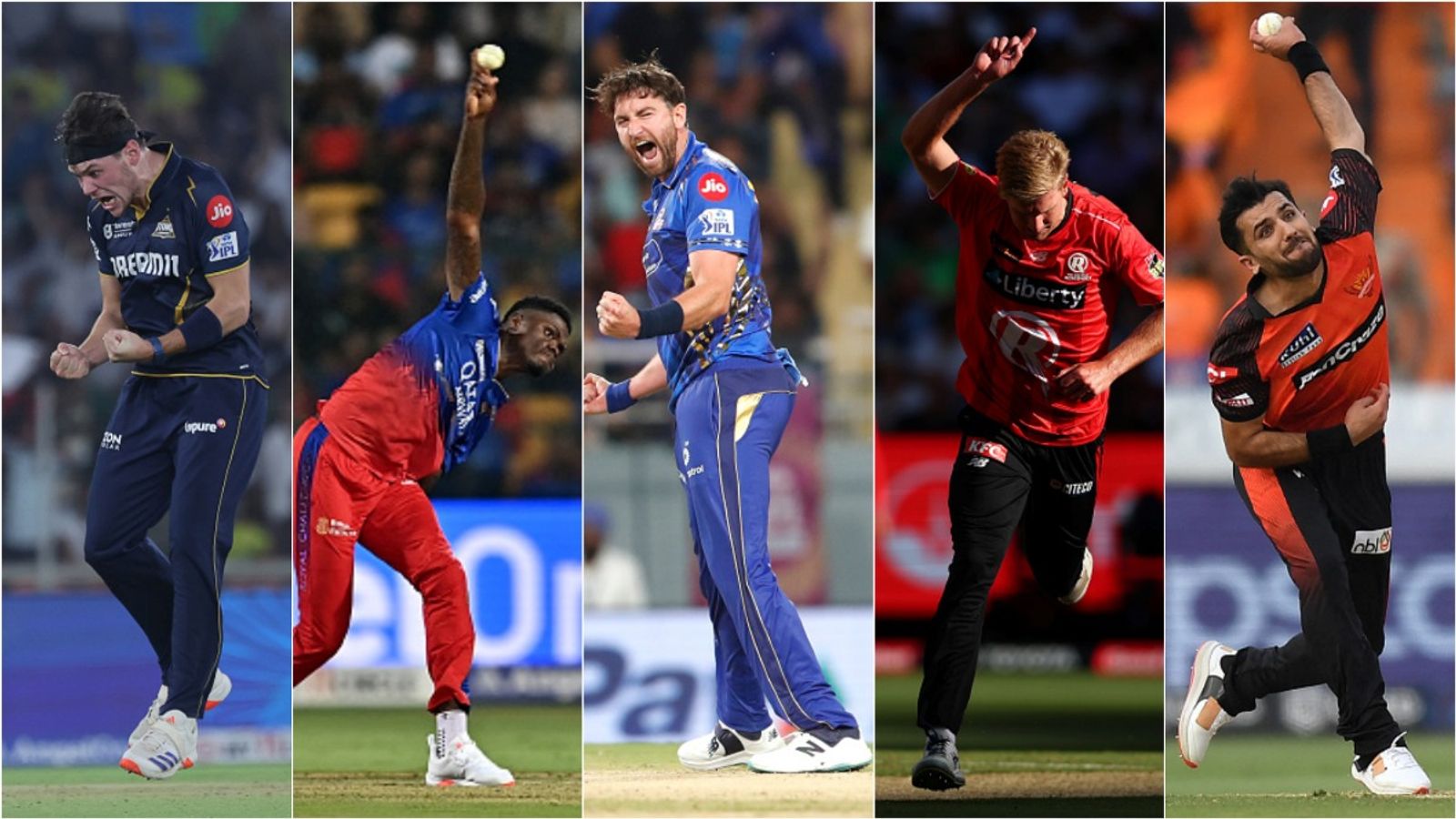 5 overseas pacers who can replace Mustafizur Rahman in KKR’s squad for IPL 2026 Gerald Coetzee, Alzarri Joseph, Richard Gleeson, Will Sutherland, Fazalhaq Farooqi in action.
