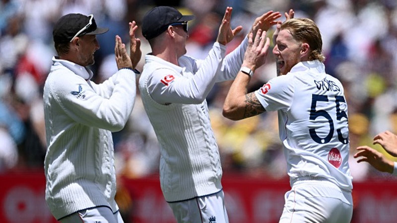 England star calls Brendon McCullum his best coach ever amidst team's Ashes failure England captain Ben Stokes (R) celebrates with his teammates in this frame. (Getty)