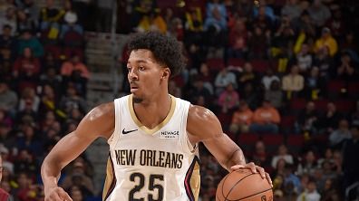 Trey Murphy III #25 of the New Orleans Pelicans dribbles the ball during the game against the Cleveland Cavaliers on December 23, 2025 at Rocket Mortgage FieldHouse in Cleveland, Ohio.