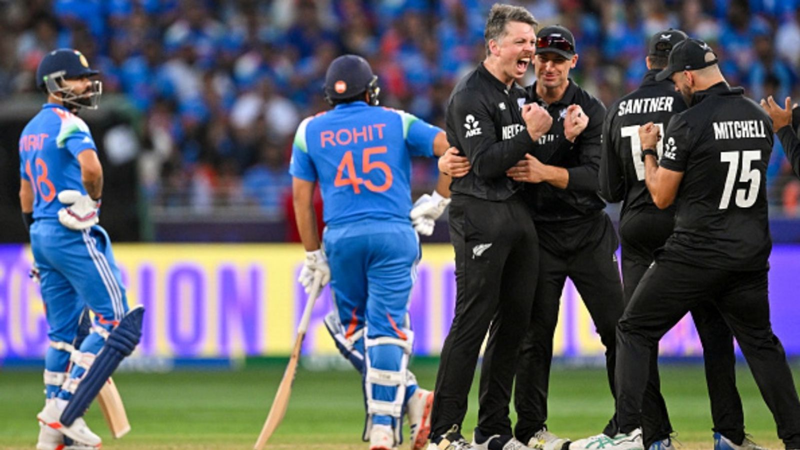 NZ captain says 'you'll be silly to underestimate' Rohit-Kohli, wants them to play ODI World Cup 2027 New Zealand's Michael Bracewell (C) celebrates with teammates after dismissing India's Virat Kohli (L) during the ICC Champions Trophy final at the Dubai International Stadium in Dubai on March 9, 2025.