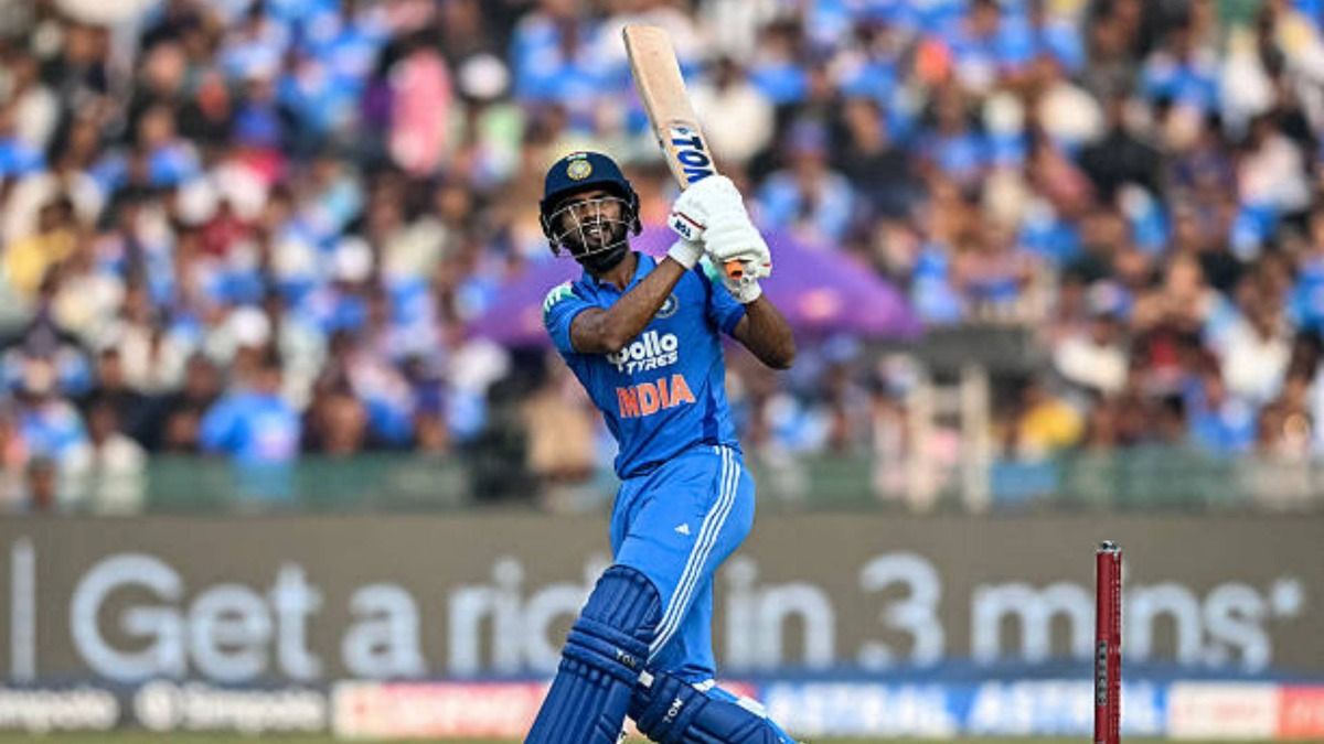 India's Ruturaj Gaikwad watches the ball after playing a shot during the second one-day international (ODI) cricket match between India and South Africa at the Shaheed Veer Narayan Singh International Cricket Stadium (via Getty)