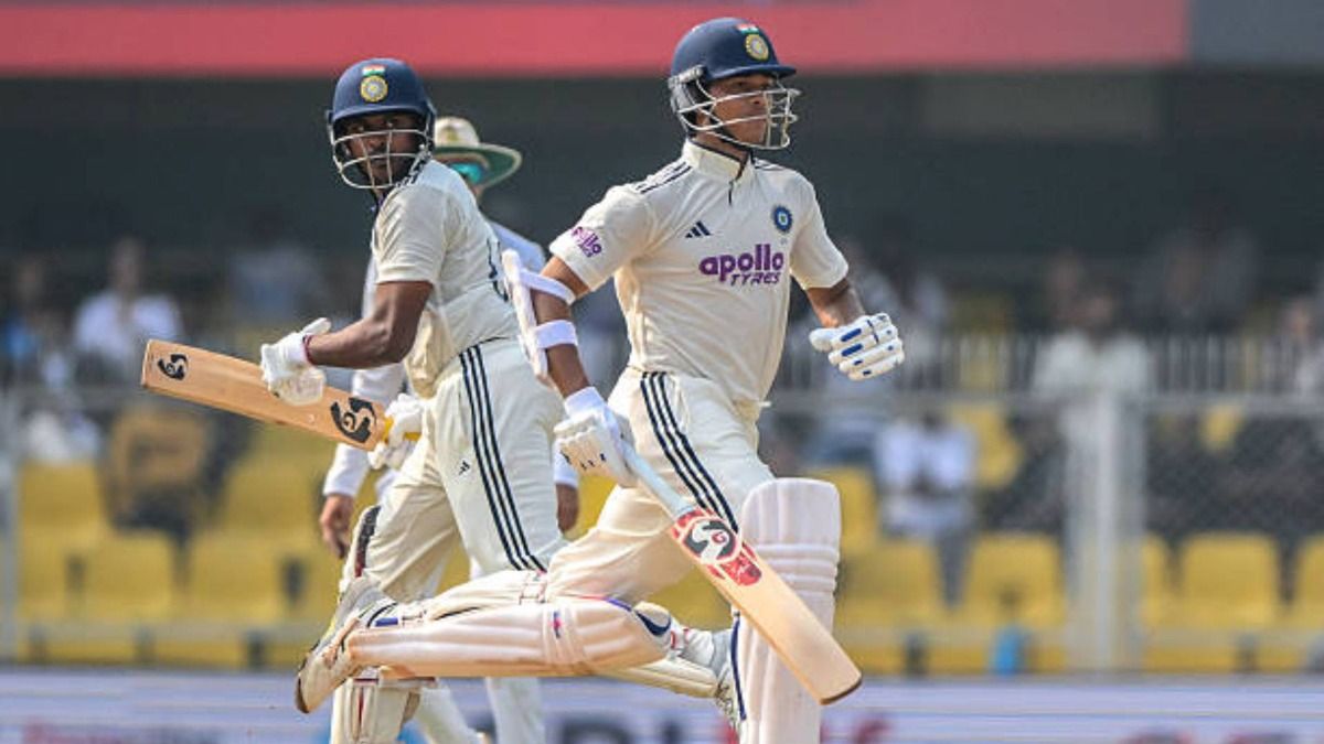 India's Yashasvi Jaiswal (R) and Sai Sudharsan run between the wickets during the third day of the second Test cricket match between India and South Africa at the Barsapara Cricket Stadium in Guwahati (via Getty)
