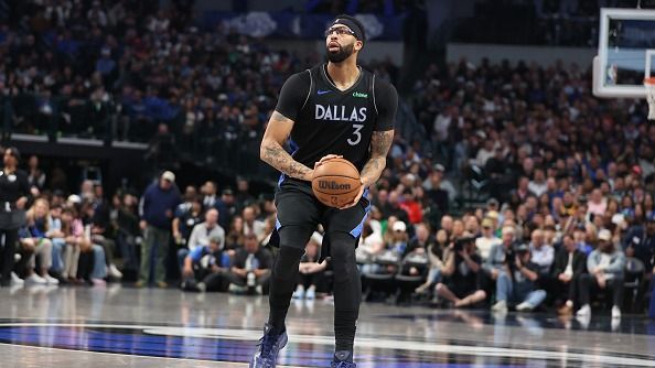 Anthony Davis #3 of the Dallas Mavericks handles the ball during the game against the Houston Rockets on January 3, 2026 at American Airlines Center in Dallas, Texas.