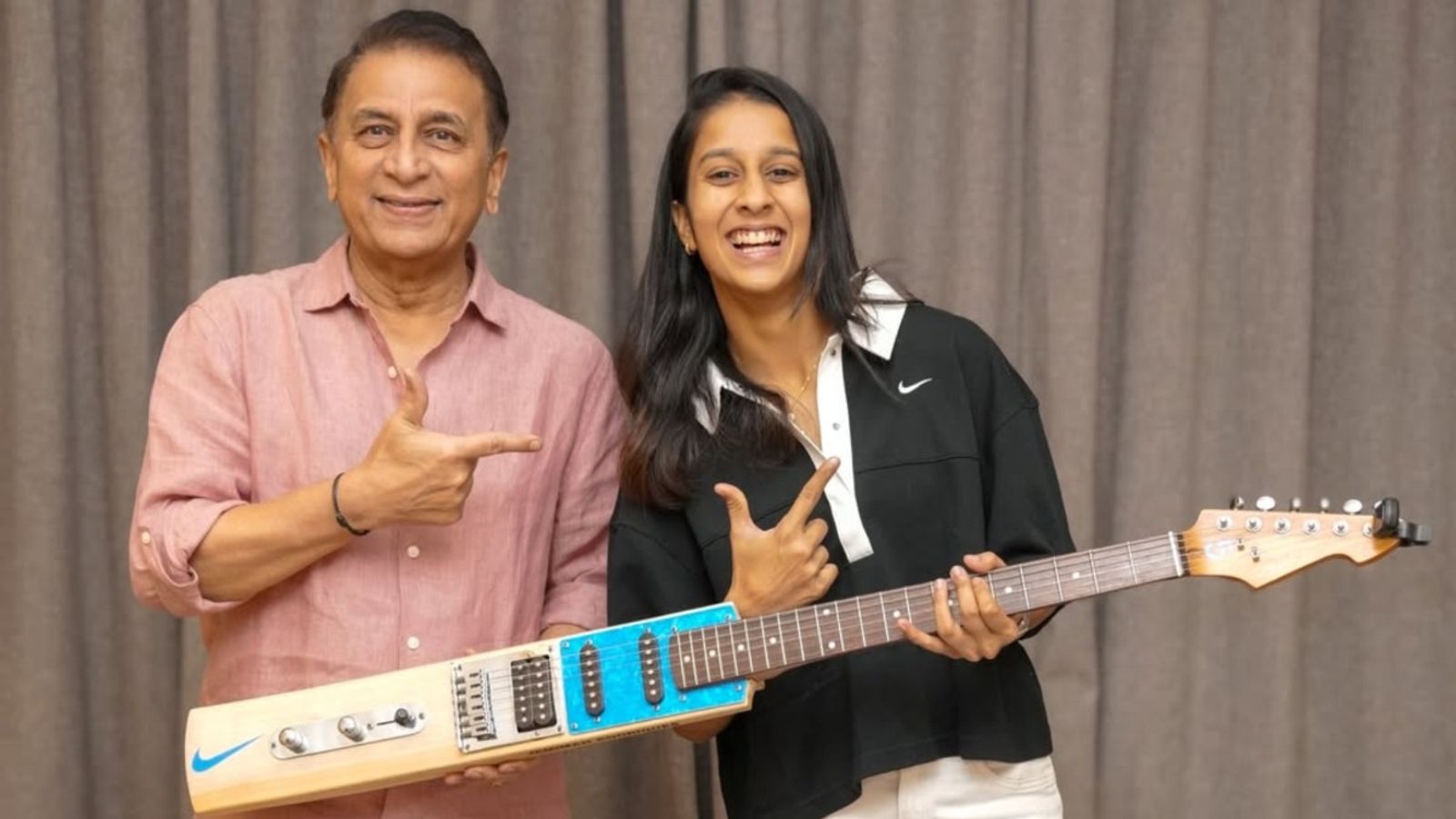 WATCH: Sunil Gavaskar fulfills promise gifts Jemimah Rodrigues bat-shaped guitar, joins her for duet Sunil Gavaskar along with Jemimah Rodrigues (Jemimah Instagram)