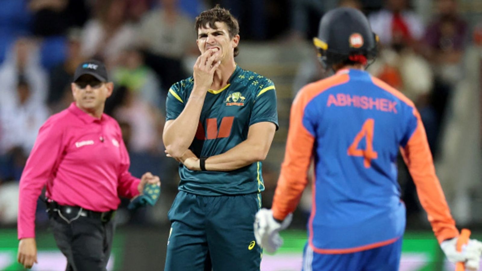 Conceded 56 runs from 19 balls in T20I vs IND, Aussie pacer told to be ready for T20 World Cup if... Australia's Sean Abbott (C) reacts after India's Abhishek Sharma hits a boundary during the third T20I of the series at Bellerive Oval in Hobart on November 2, 2025.