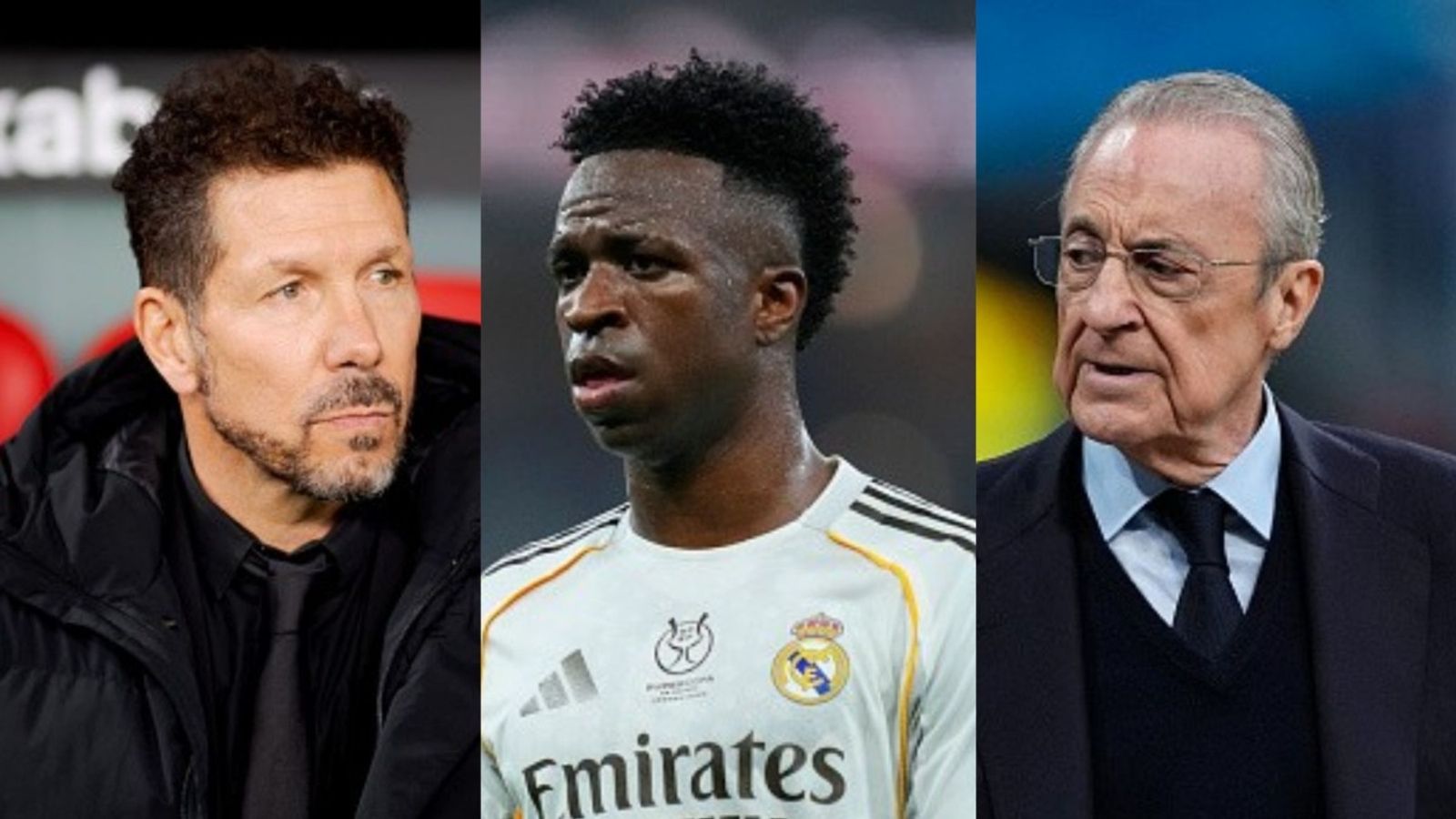 Atletico manager Diego Simeone apologises to Madrid star Vinicius & president Perez over Supercopa drama Diego Simeone, Vinicius Jr, Florentino Perez in the frame (Images via Getty)