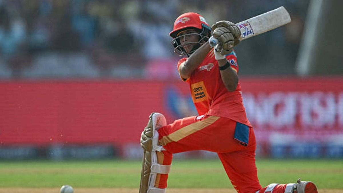 Gujarat Giants' Anushka Sharma plays a shot during the Women's Premier League (WPL) Twenty20 cricket match between Gujarat Giants and UP Warriorz at the DY Patil Stadium in Navi Mumbai (via Getty)
