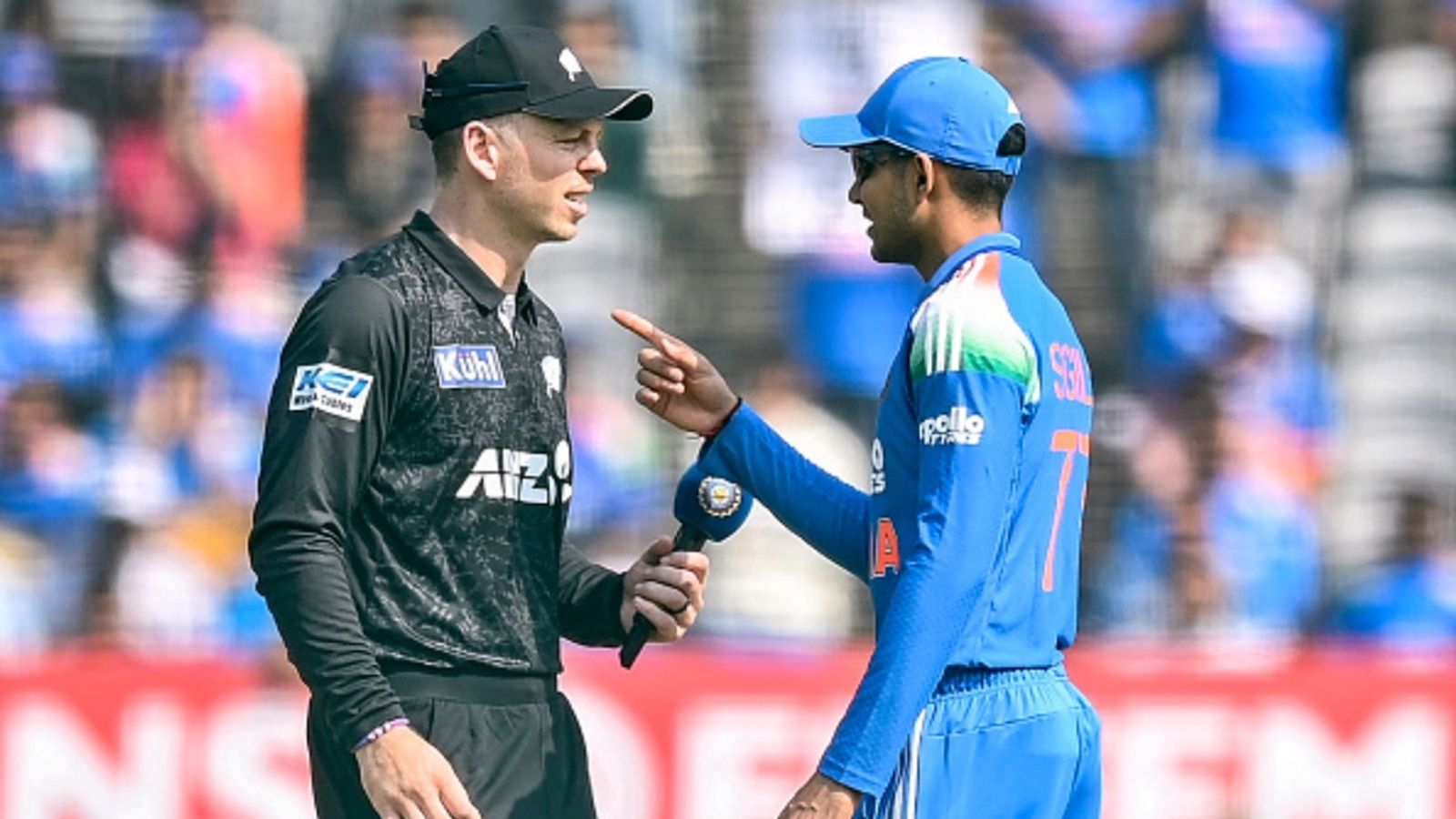 IND vs NZ 2nd ODI Playing XI: No debut for Ayush Badoni, New Zealand bring in left-arm spinner India's captain Shubman Gill (R) speaks with his New Zealand's counterpart Michael Bracewell during the toss.