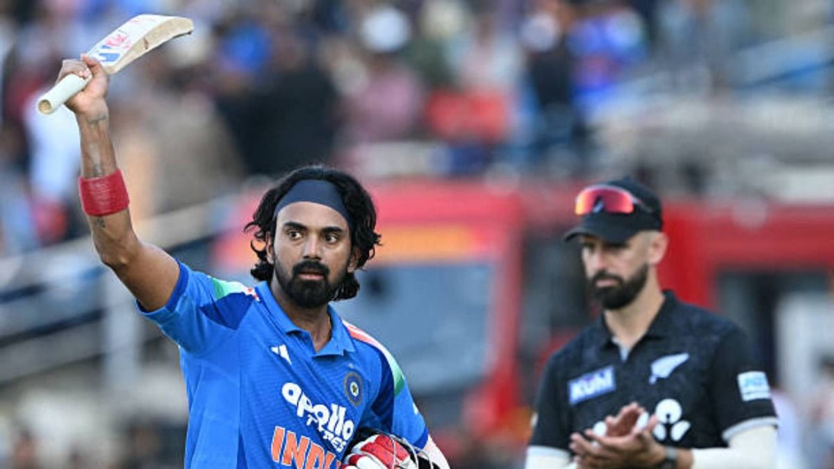India's KL Rahul (L) celebrates after scoring a century (100 runs) during the second one-day international (ODI) cricket match between India and New Zealand at Niranjan Shah Stadium in Rajkot (via Getty)