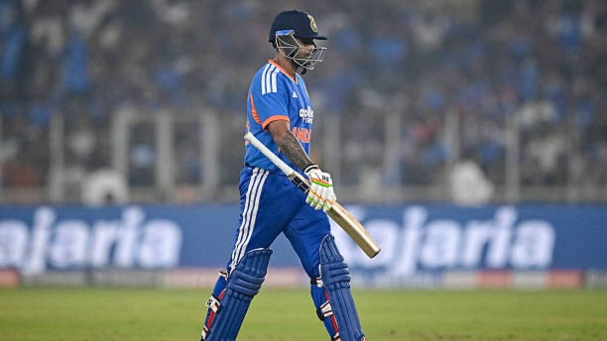 India's captain Suryakumar Yadav walks back to the pavilion after his dismissal during the fifth Twenty20 international cricket match between India and South Africa at the Narendra Modi Stadium (via Getty)