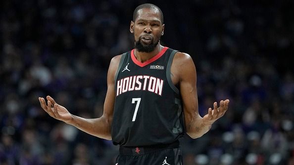 Kevin Durant #7 of the Houston Rockets reacts against the Sacramento Kings in the second half of an NBA basketball game at Golden 1 Center on January 11, 2026 in Sacramento, California.