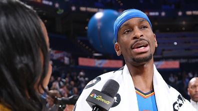 Shai Gilgeous-Alexander #2 of the Oklahoma City Thunder talks to the media after the game against the San Antonio Spurs on January 13, 2026 at Paycom Center in Oklahoma City, Oklahoma.