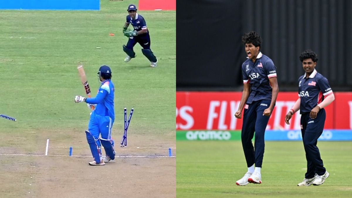 Watch USA pacer Ritvik Appidi's (R) aggressive celebration after knocking Vaibhav Sooryavanshi's stumps during U-19 World Cup clash. (X/Getty)