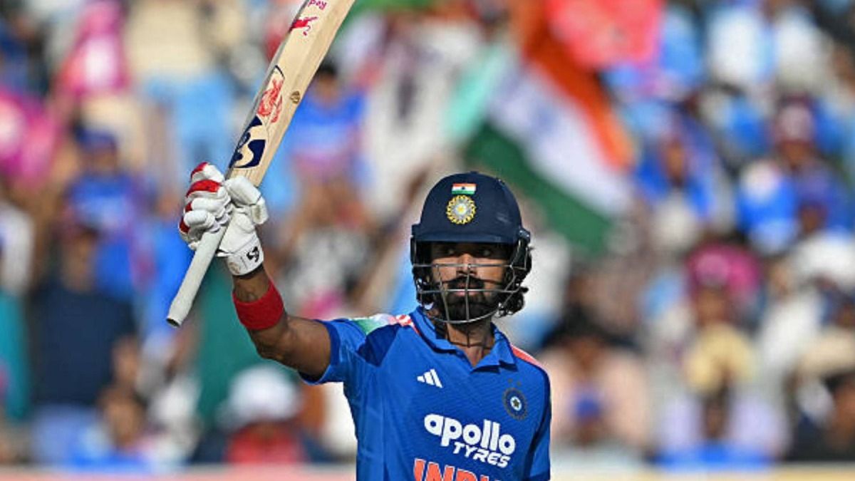 India's KL Rahul celebrates after scoring a half-century (50 runs) during the second one-day international (ODI) cricket match between India and New Zealand at Niranjan Shah Stadium in Rajkot (via Getty)