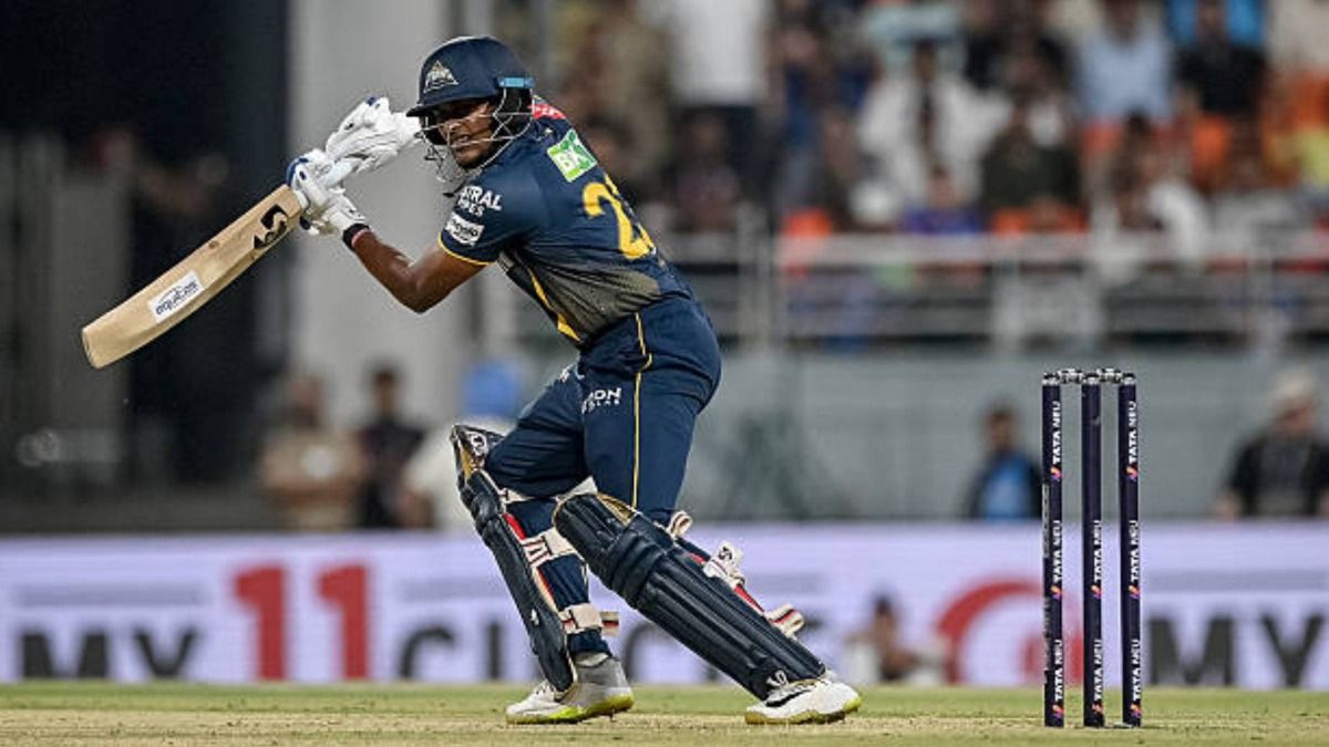 Gujarat Titans' Sai Sudharsan plays a shot during the Indian Premier League (IPL) Twenty20 Eliminator cricket match between Gujarat Titans and Mumbai Indians at the Maharaja Yadavindra Singh International Cricket Stadium (via Getty)