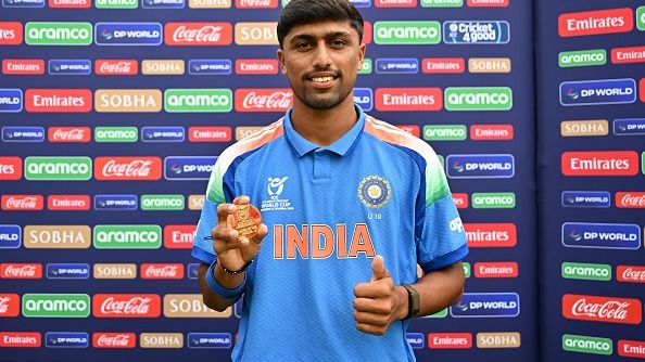  Henil Patel of India poses for a photo with the Player Of The Match award after the ICC U19 Men´s Cricket World Cup 2026 Group B match between USA and India 