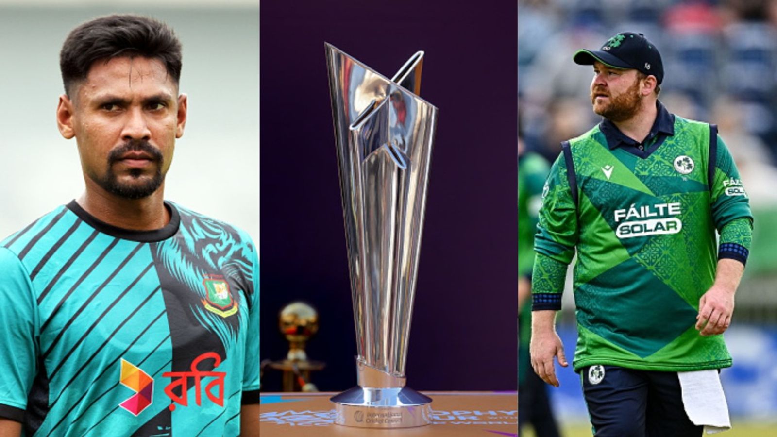 Cricket Ireland ends suspense over venue change amid reports BCB asked ICC to swap T20 World Cup groups Mustafizur Rahman along with T20 World Cup Trophy and Paul Stirling (Getty)