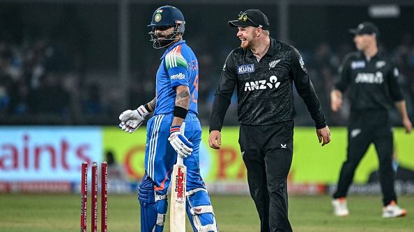India's Virat Kohli (L) and New Zealand's Glenn Phillips in this frame. (Getty)
