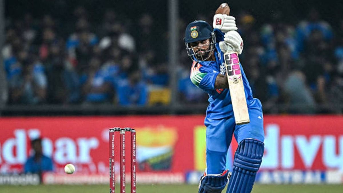 India's Nitish Kumar Reddy plays a shot during the third one-day international (ODI) cricket match between India and New Zealand at the Holkar Cricket Stadium in Indore (via Getty)