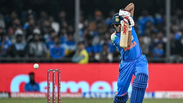 Shubman Gill plays a shot during the third one-day international (ODI) cricket match between India and New Zealand at the Holkar Cricket Stadium