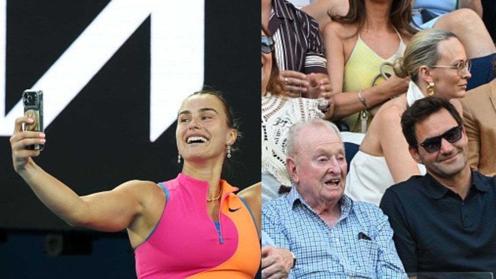 Watch: No. 1 Aryna Sabalenka fangirls Rod Laver & Roger Federer after overcoming tricky Australian Open opener Aryna Sabalenka, Rod Laver, Roger Federer in the frame (Images via Getty)